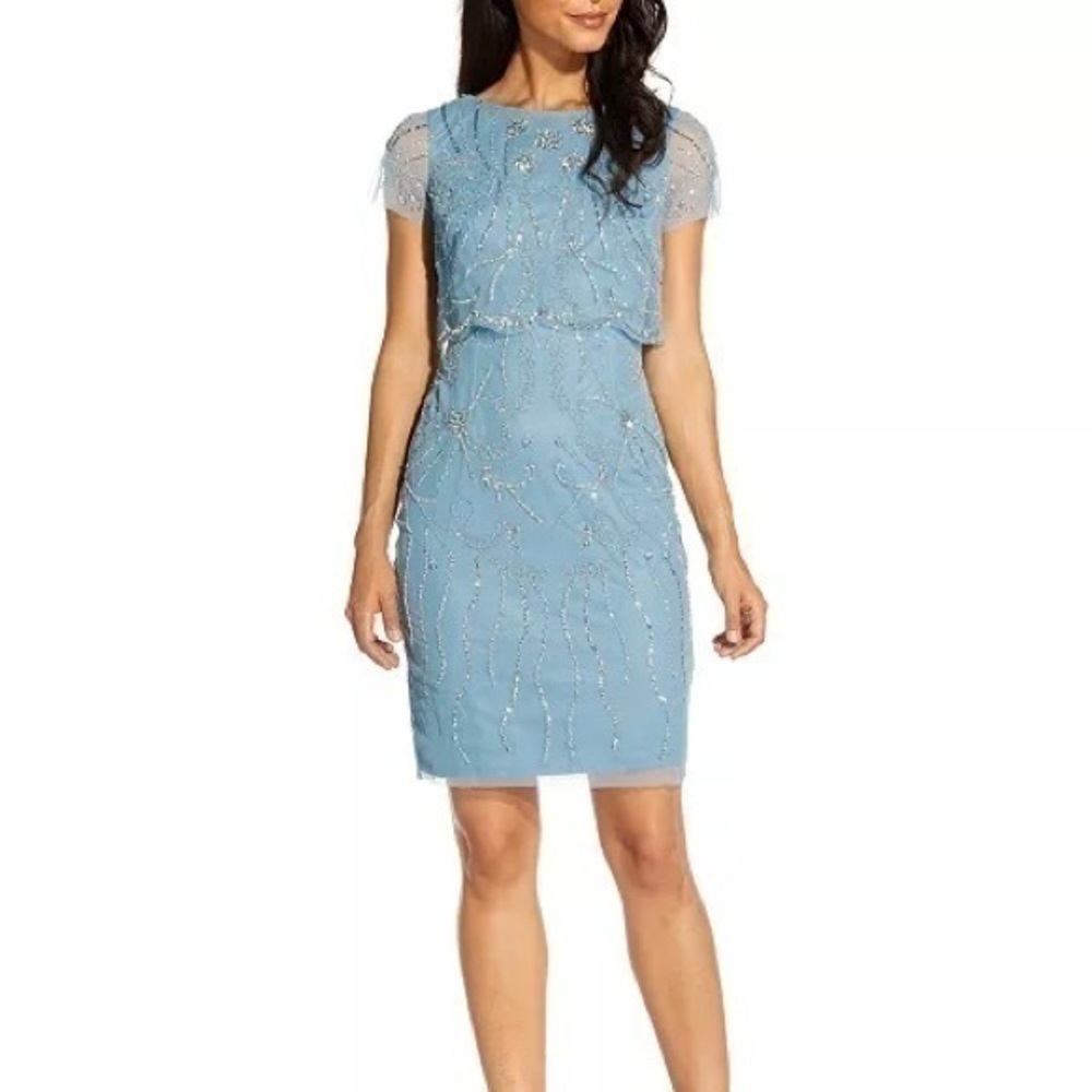 Adrianna Papell Embellished Overlay Dress in Sky Blue Size 8